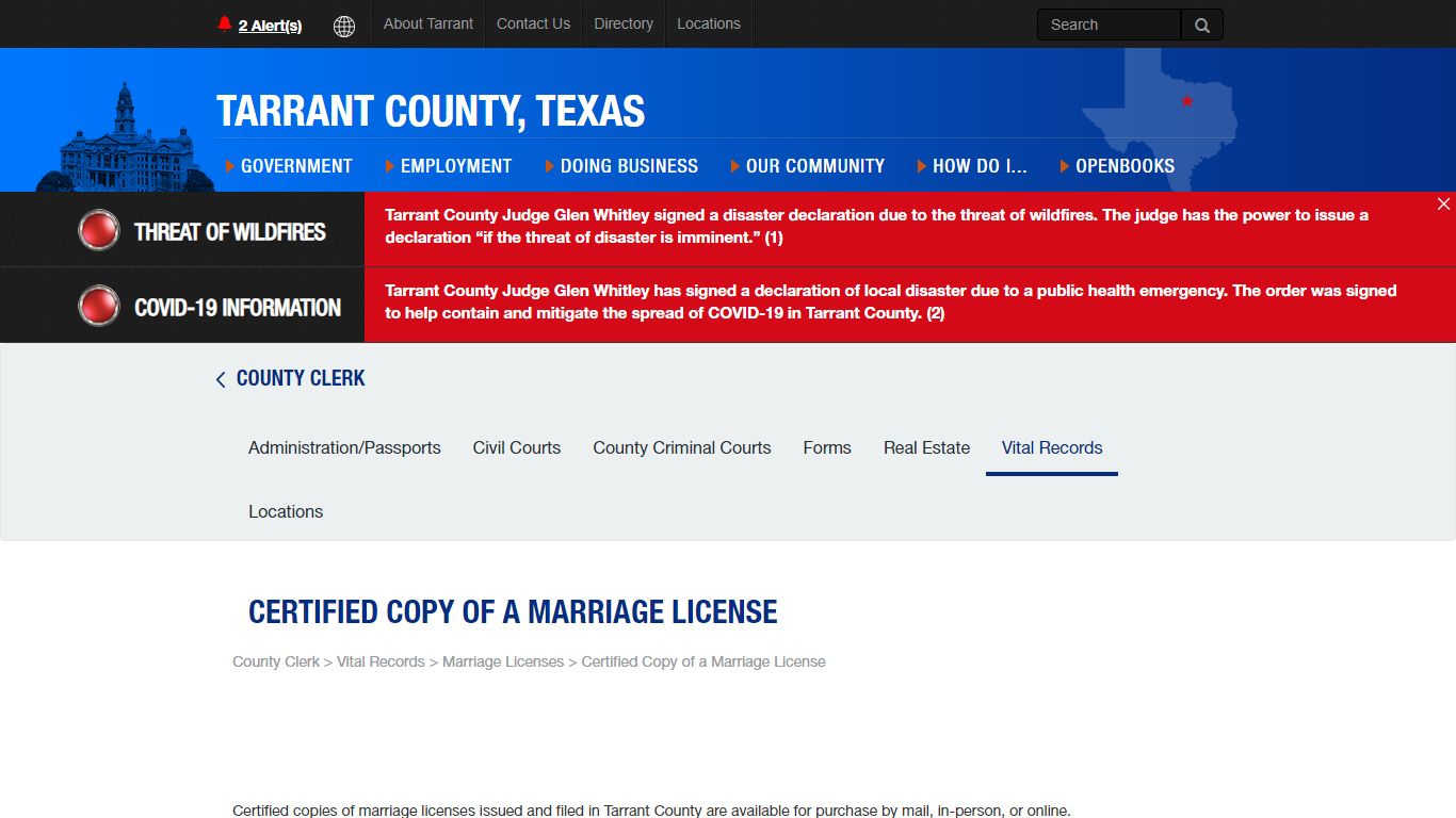 Certified Copy of a Marriage License - Tarrant County